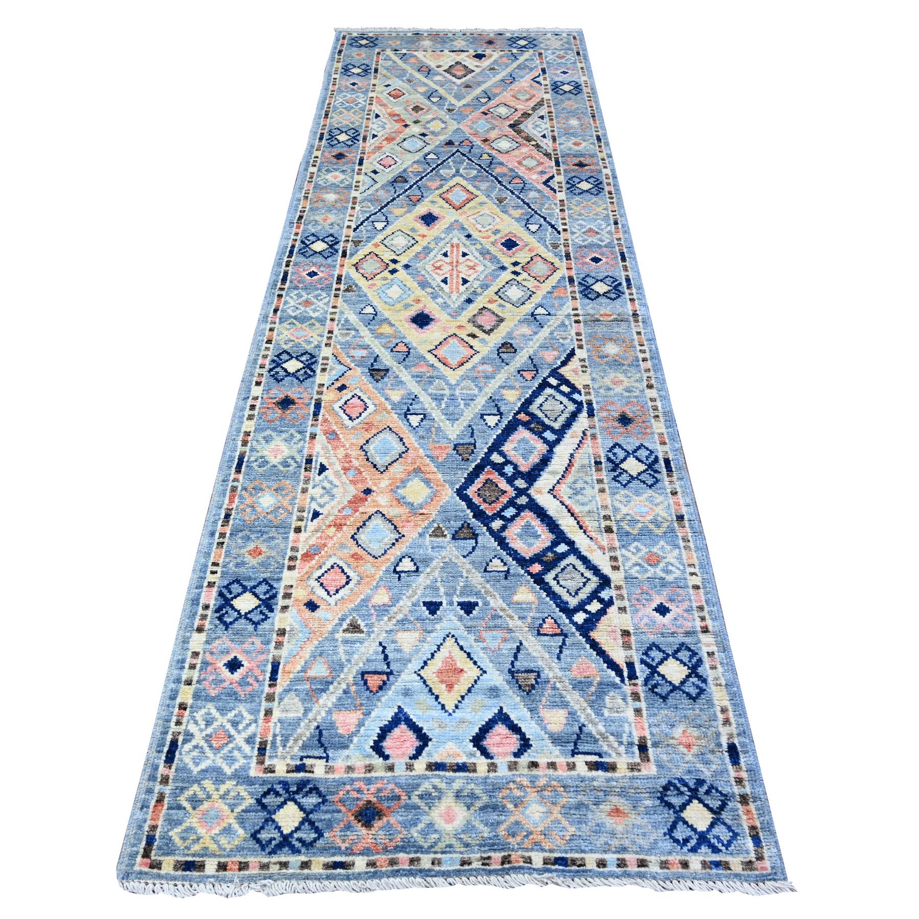 3'2"x10'1" New York City Blue, Anatolian Village Inspired with Subtle Design, Hand Knotted, Natural Dyes, Shiny Wool, Runner Oriental Rug HR88374