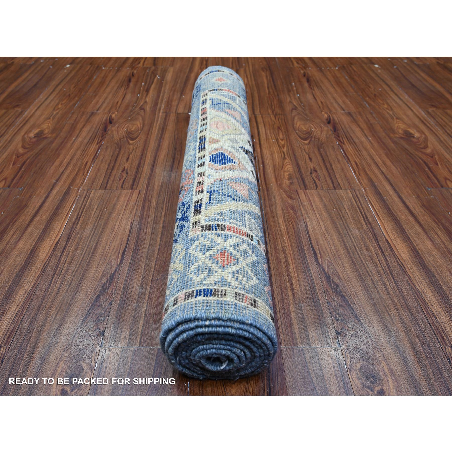3'2"x10'1" New York City Blue, Anatolian Village Inspired with Subtle Design, Hand Knotted, Natural Dyes, Shiny Wool, Runner Oriental Rug HR88374 - Image 4