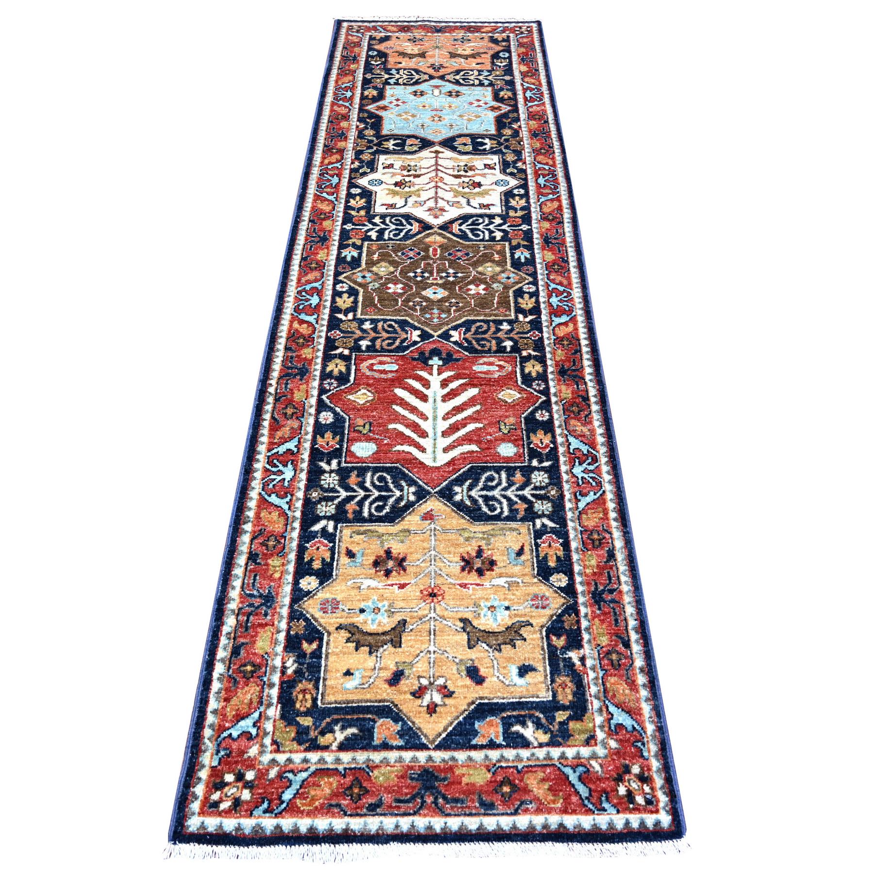 2'7"x9'8" Fibonacci Blue with Harvard Crimson Red, Caucasian Ashtafa Design, Fine Aryana, Pure Wool, Hand Knotted, Runner Oriental Rug HR88408