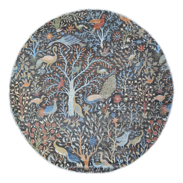 8'x8' Gauntlet Gray, Borderless, 100% Wool, Afghan Hand Knotted Peshawar with Birds of Paradise, Vegetable Dyes, Oriental Round Rug HR88414