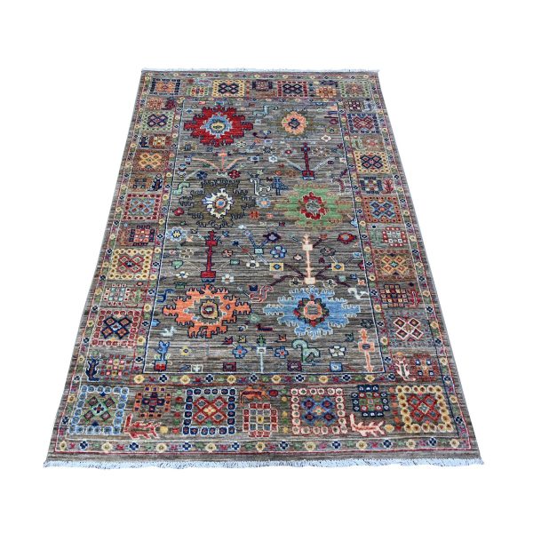 3'10"x5'9" Gauntel Gray, Aryana with Ziegler Mahal All Over Colorful Design, Hand Knotted, Vegetable Dyes, Vibrant Wool, Oriental Rug HR88481