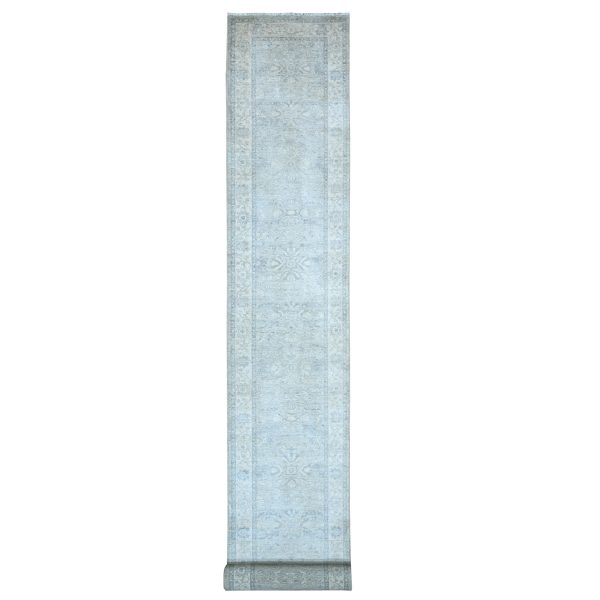 2'6"x19'1" Wickham Gray, Distressed Finer Peshawar Heriz With Sickle Leaf Design, Soft and Vibrant Wool, Densely Woven, Oriental Vegetable Dyes Runner Rug HR88531