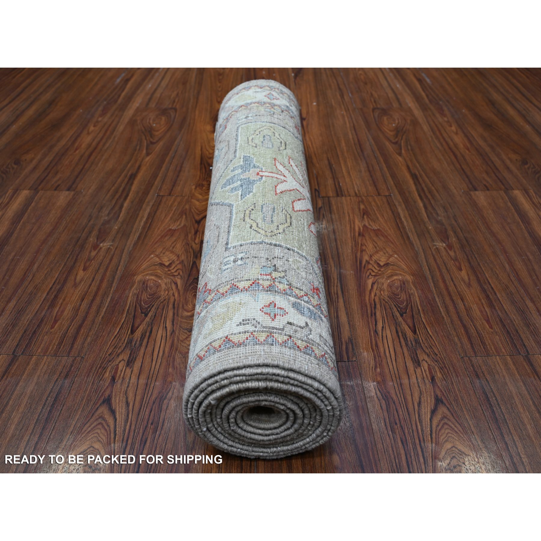 2'8"x12'1" Ash Grey with Link White, Caucasian Ashtafa Design, Fine Aryana, Pure Wool, Hand Knotted, Runner Oriental Rug HR88546 - Image 4