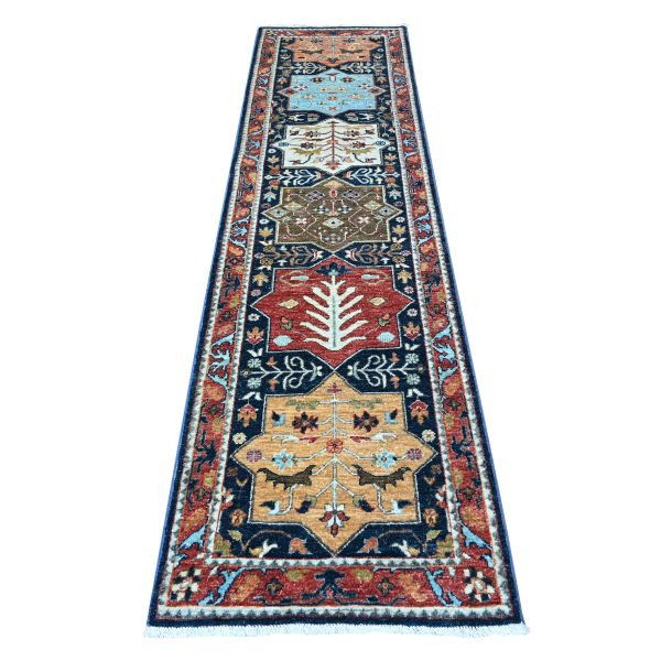 2'6"x9'8" Passport Blue with Harvard Crimson Red, Caucasian Ashtafa Design, Fine Aryana, Pure Wool, Hand Knotted, Runner Oriental Rug HR88623