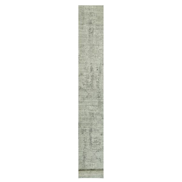 2'6"x31'8" Front Porch Gray, Cut and Loop Pile, Hand knotted Hand Spun, Undyed 100% Wool, XL Runner Modern Design, Oriental Rug HR90432
