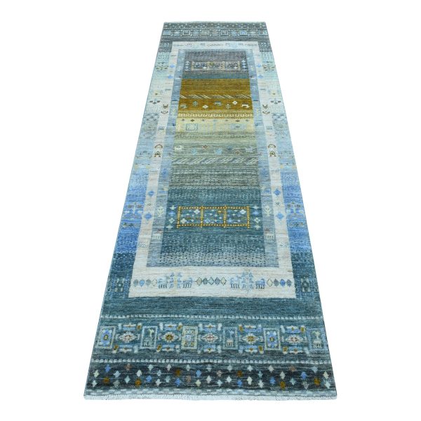 2'7"x9'6" Light Blue Folk Art Kashkuli Gabbeh Natural Wool Hand-Knotted Ethnic Runner Rug HR56516