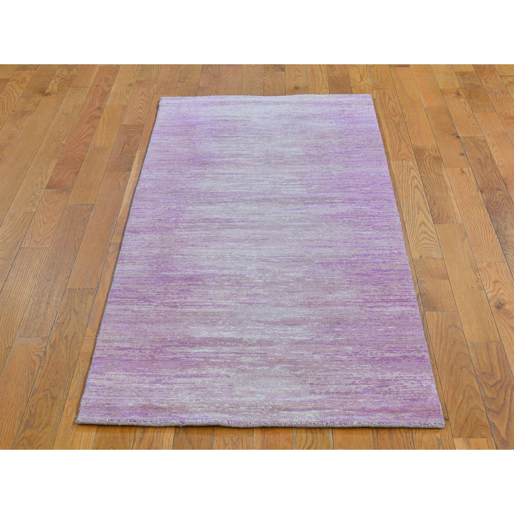 2'6"x6'2" Pink with Touches of Ivory Zero Pile Natural Wool Only Horizontal Ombre Design Runner Hand Knotted Oriental Rug HR66753 - Image 2