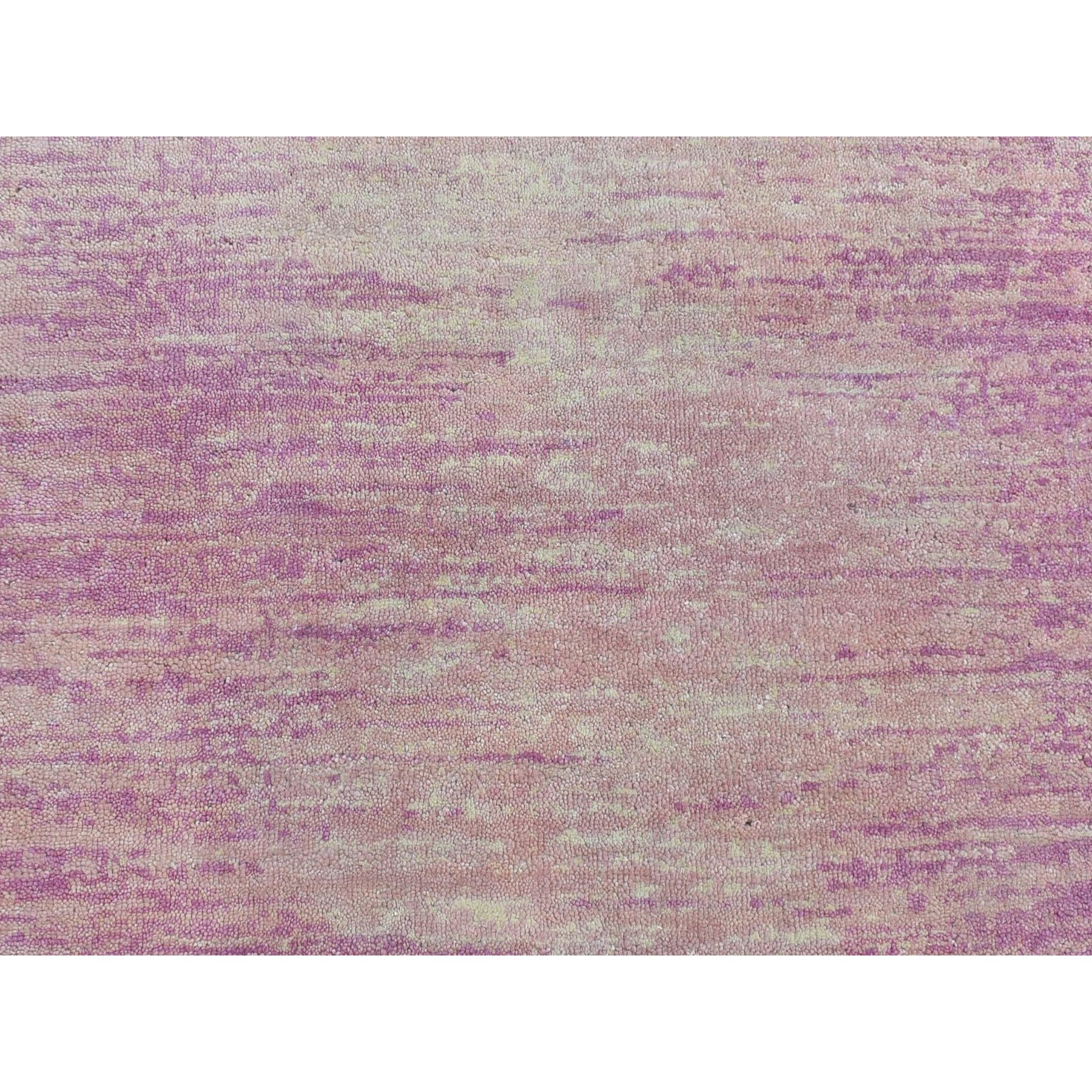 2'6"x6'2" Pink with Touches of Ivory Zero Pile Natural Wool Only Horizontal Ombre Design Runner Hand Knotted Oriental Rug HR66753 - Image 3