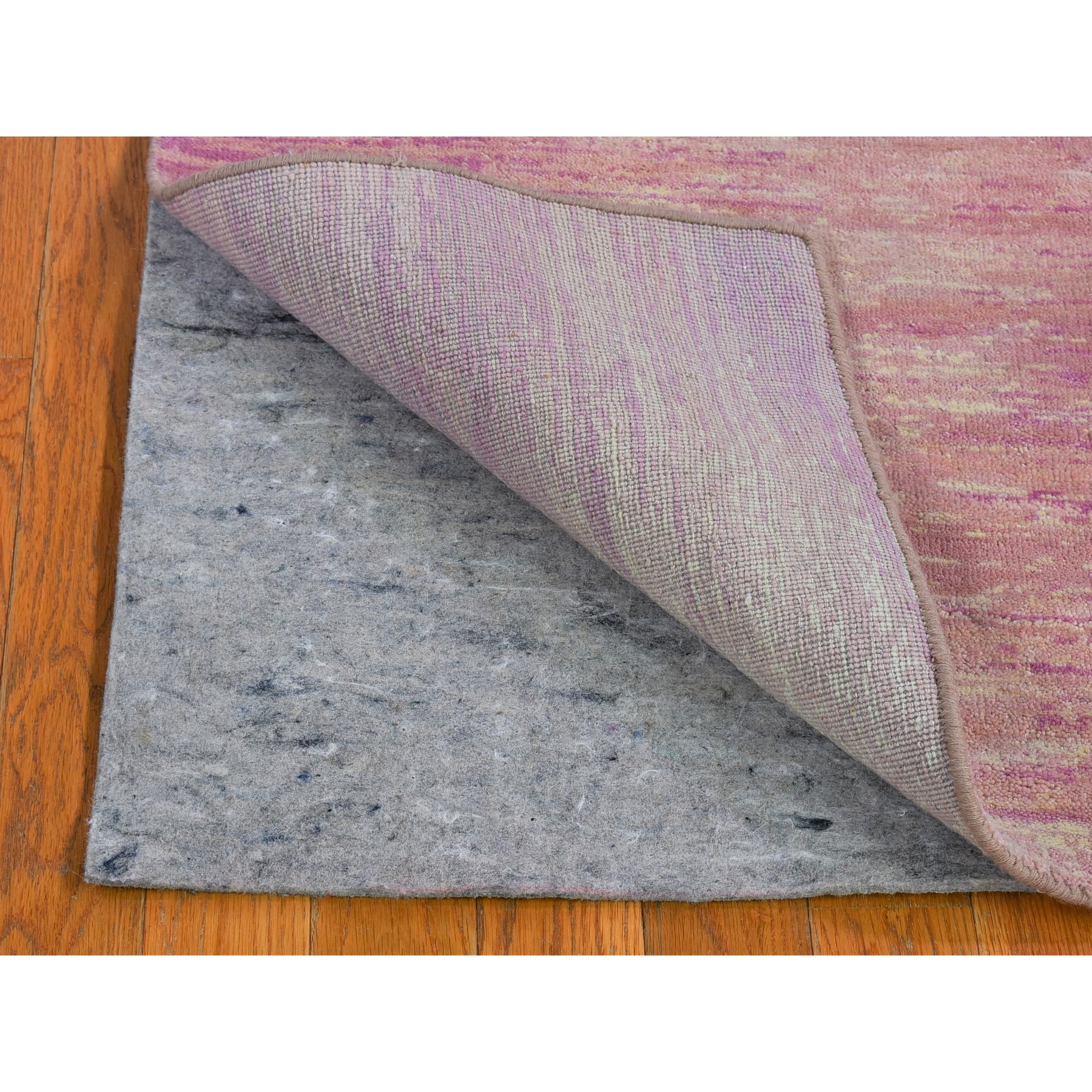 2'6"x6'2" Pink with Touches of Ivory Zero Pile Natural Wool Only Horizontal Ombre Design Runner Hand Knotted Oriental Rug HR66753 - Image 5