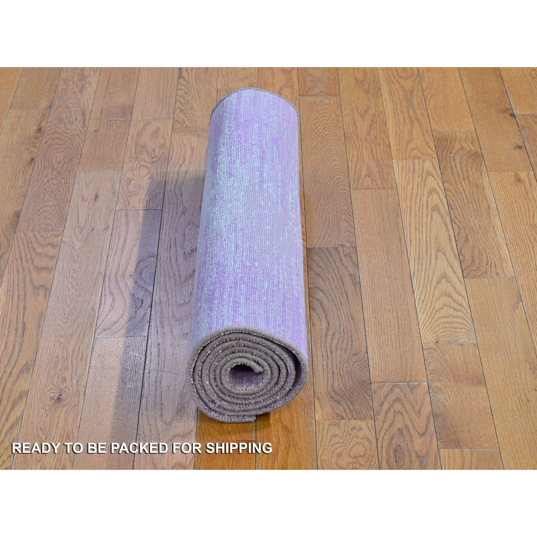 2'6"x6'2" Pink with Touches of Ivory Zero Pile Natural Wool Only Horizontal Ombre Design Runner Hand Knotted Oriental Rug HR66753 - Image 6