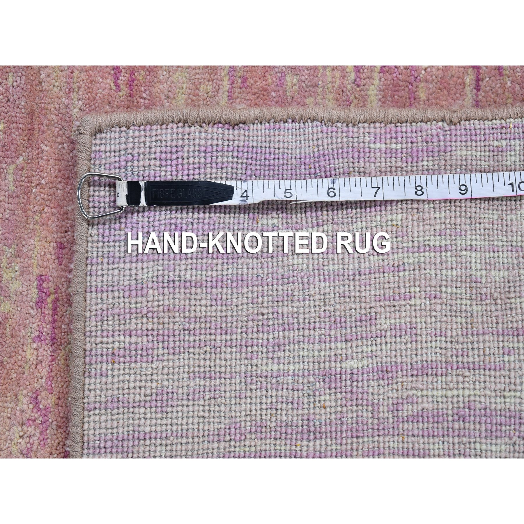 2'6"x6'2" Pink with Touches of Ivory Zero Pile Natural Wool Only Horizontal Ombre Design Runner Hand Knotted Oriental Rug HR66753 - Image 8