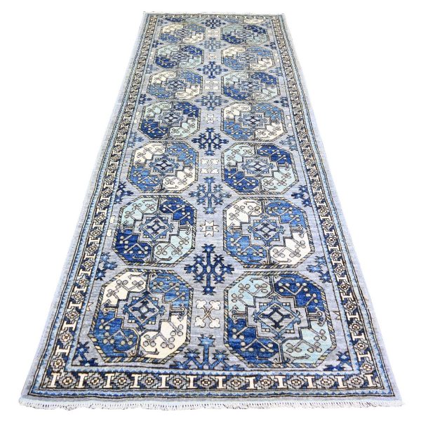 4'x10'1" Silver Gray, Vegetable Dyes Extra Soft Wool, Hand Knotted Afghan Ersari with Elephant Feet Design, Soft and Lush Pile, Wide Runner Oriental Rug HR73558