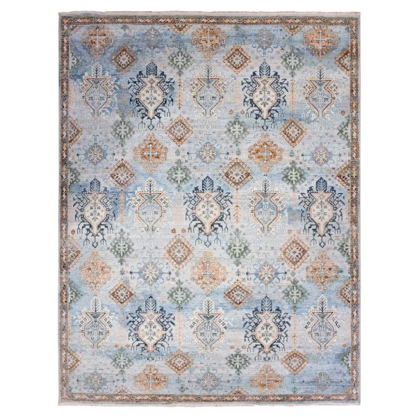 9'x11'10" Quarry Blue, Vegetable Dyes, Caucasian Gul Motifs Design, All Over Borderless, Soft and Vibrant Wool, Shaved Down Hand Knotted Zero Pile Oriental Rug HR75323