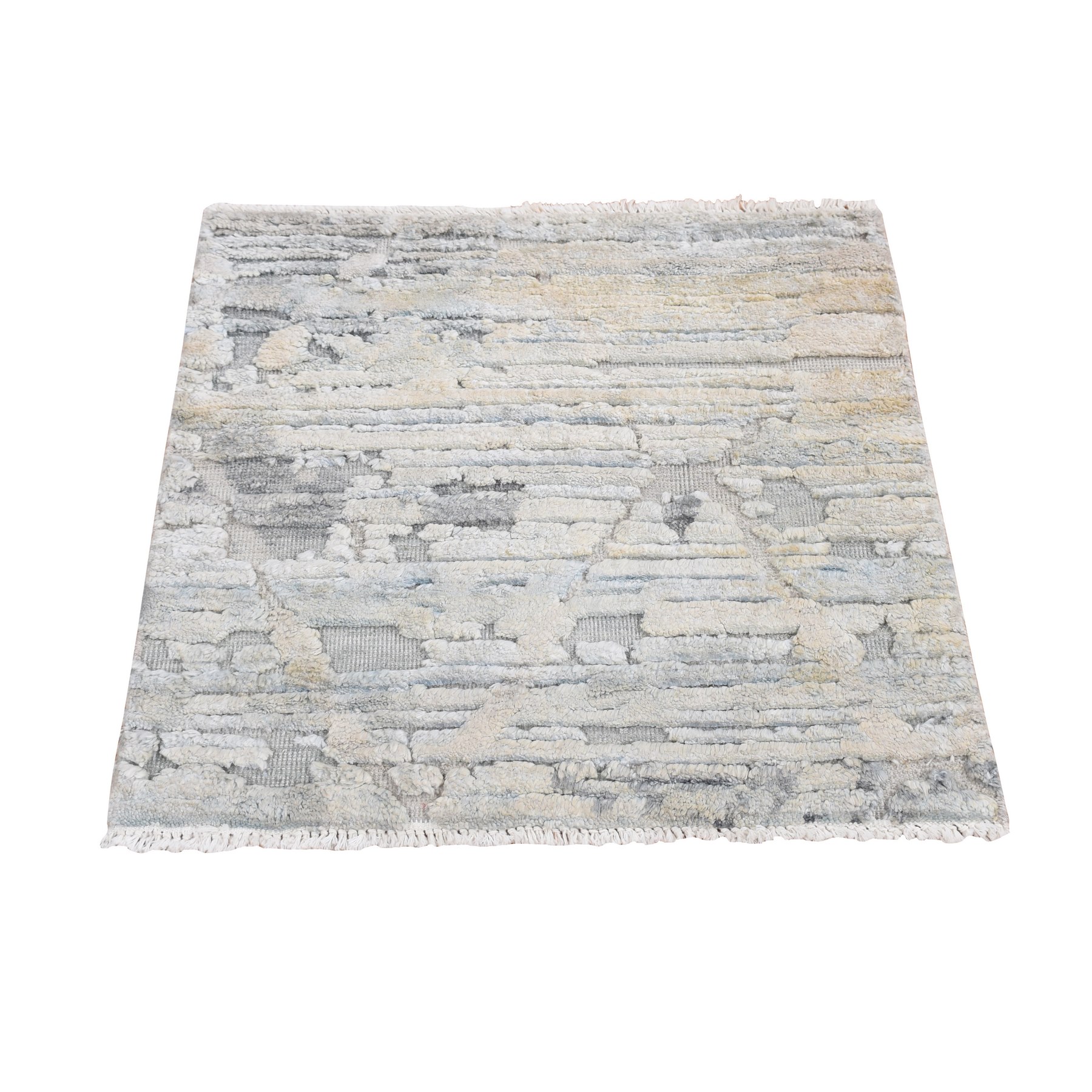2'x2'1" Chetwode Green, Pastel Collection, Luxurious Plush, Pure Silk with Textured Wool, Hand Knotted, Sample Oriental Rug HR78023