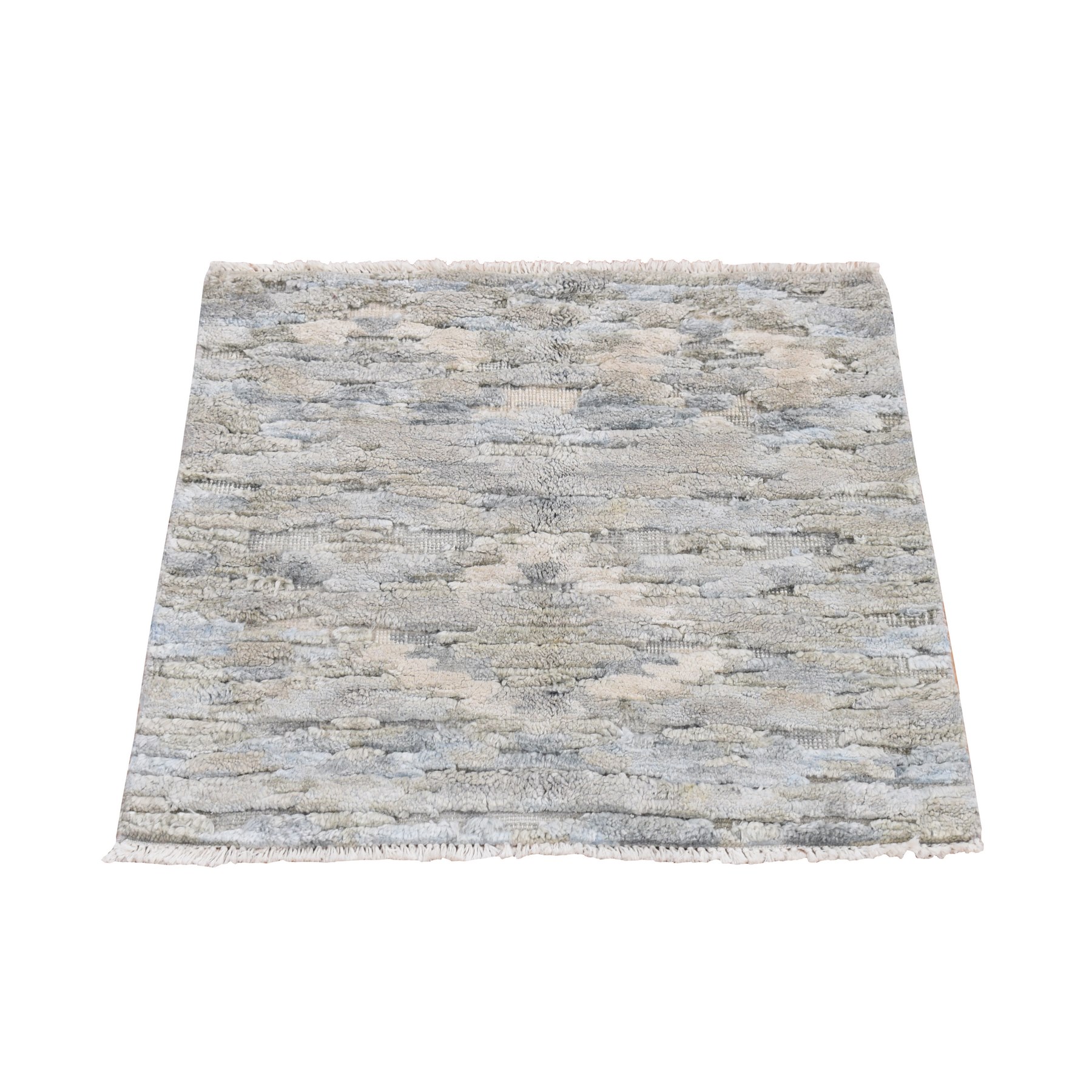 2'x2' Gin Green, Pastel Collection with Natural Colors, Hi-Low Pile, Wool and Pure Silk, Hand Knotted, Square Sample Oriental Rug HR78026
