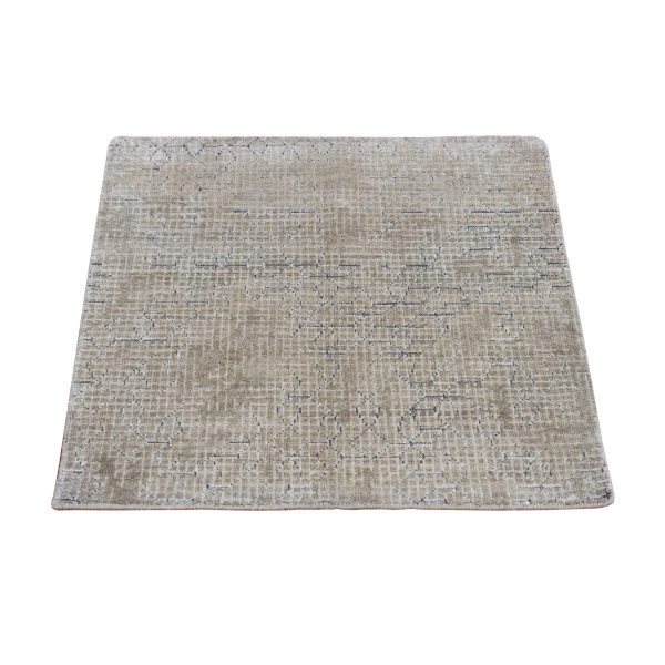 2'x2'3" Parchment White, Pure Silk, Broken and Erased Design, Tone on Tone, Hand Knotted, Sample Oriental Rug HR78027