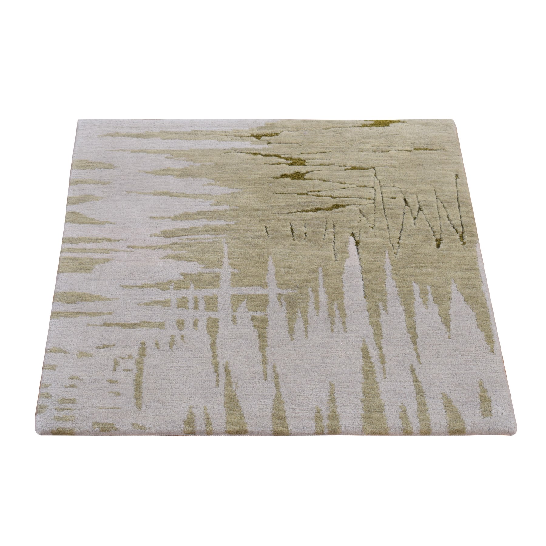 2'x2' Old Moss Green, Modern Stalactite Design, Wool and Silk, Denser Nepali Weave, Hand Knotted, Square Oriental Rug HR78028
