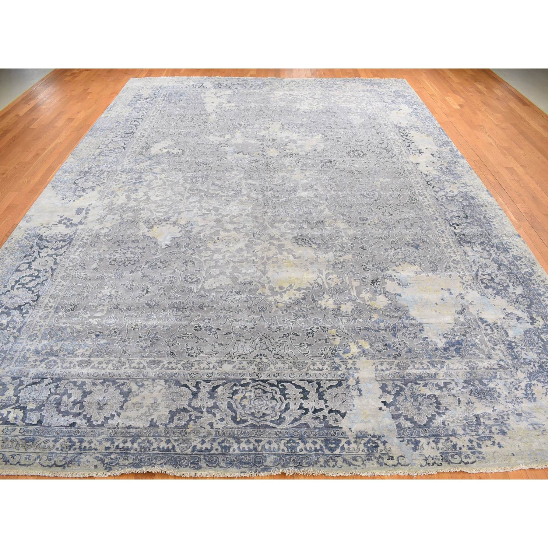 12'x18' Cloud Gray, Broken and Erased Persian Design, Wool with Pure Silk, Hand Knotted, Oversized Oriental Rug HR78038 - Image 2