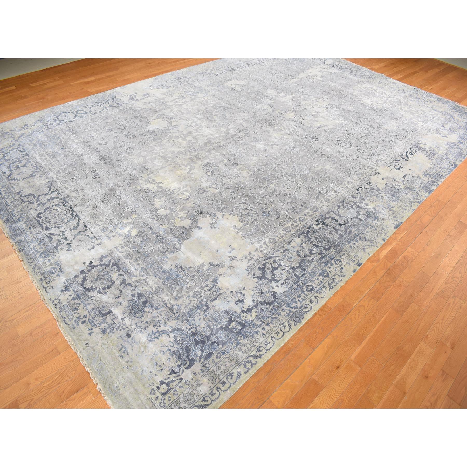 12'x18' Cloud Gray, Broken and Erased Persian Design, Wool with Pure Silk, Hand Knotted, Oversized Oriental Rug HR78038 - Image 3