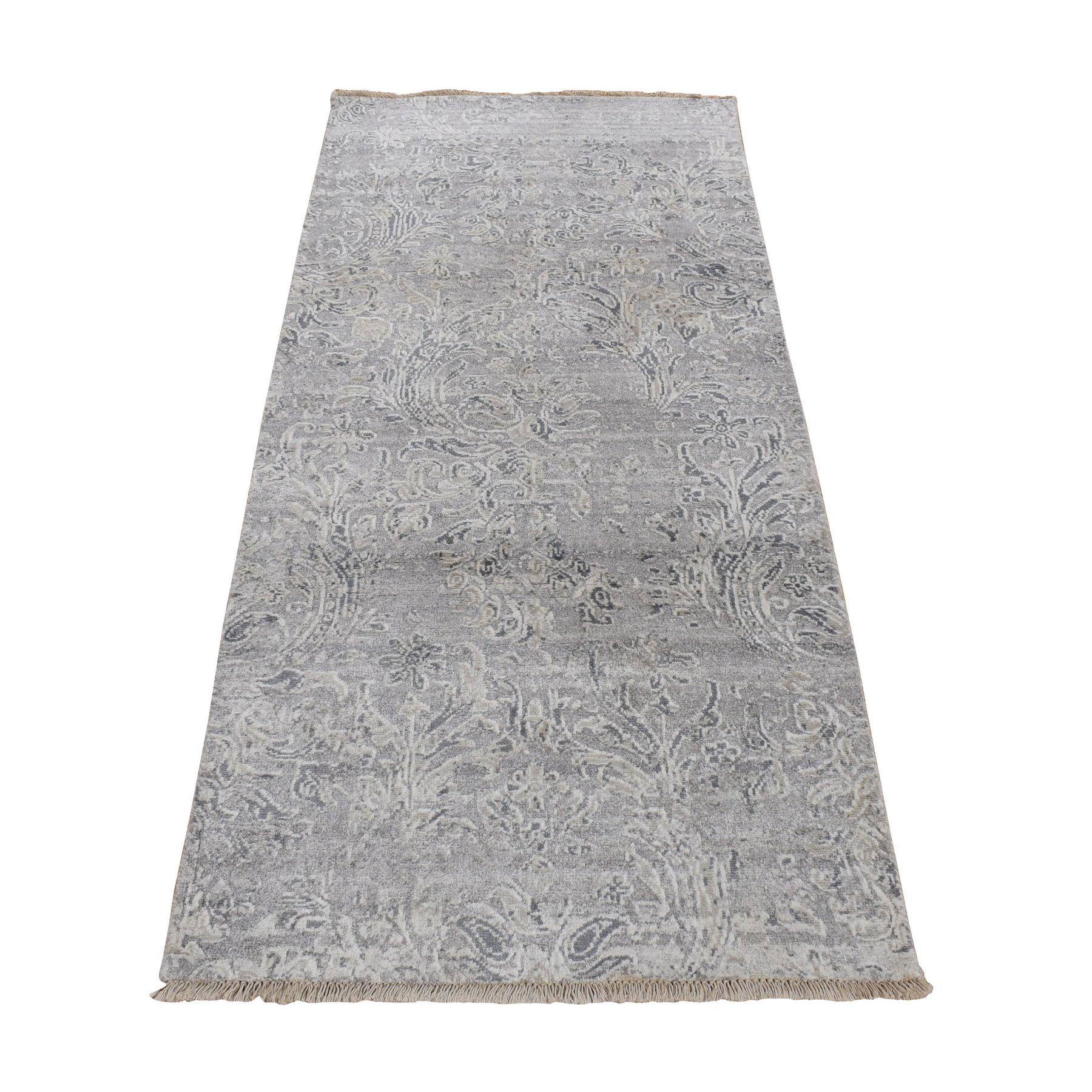 2'7"x5'10" Ash Gray, Hand Knotted, Damask Tone On Tone Design, Wool and Silk, Hi-Lo Pile, Runner Oriental Rug HR78042