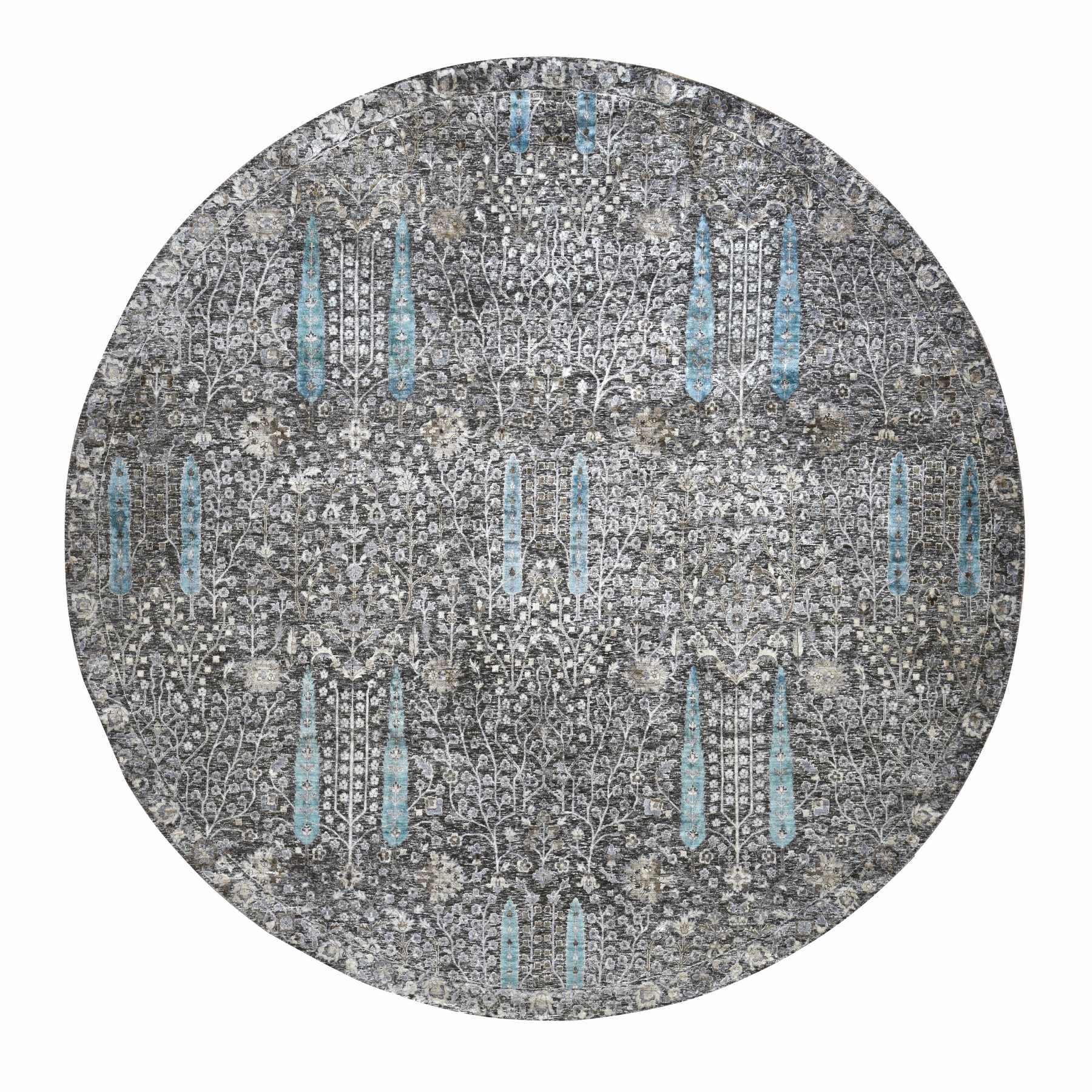 12’x12’ Stone Gray, Cypress Tree Design, Silk with Textured Wool, Hand Knotted, Round Oriental Rug HR78043