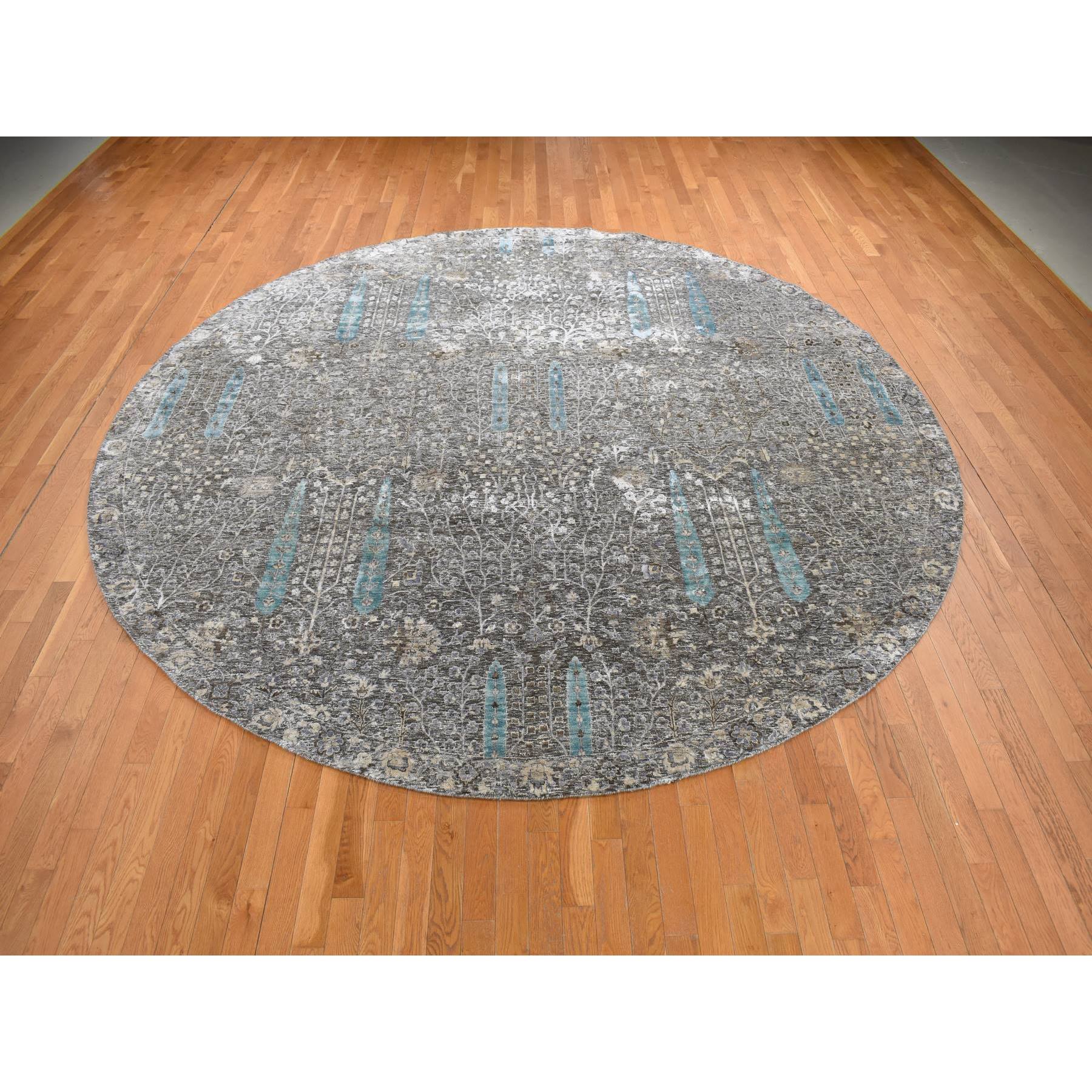 12’x12’ Stone Gray, Cypress Tree Design, Silk with Textured Wool, Hand Knotted, Round Oriental Rug HR78043 - Image 2