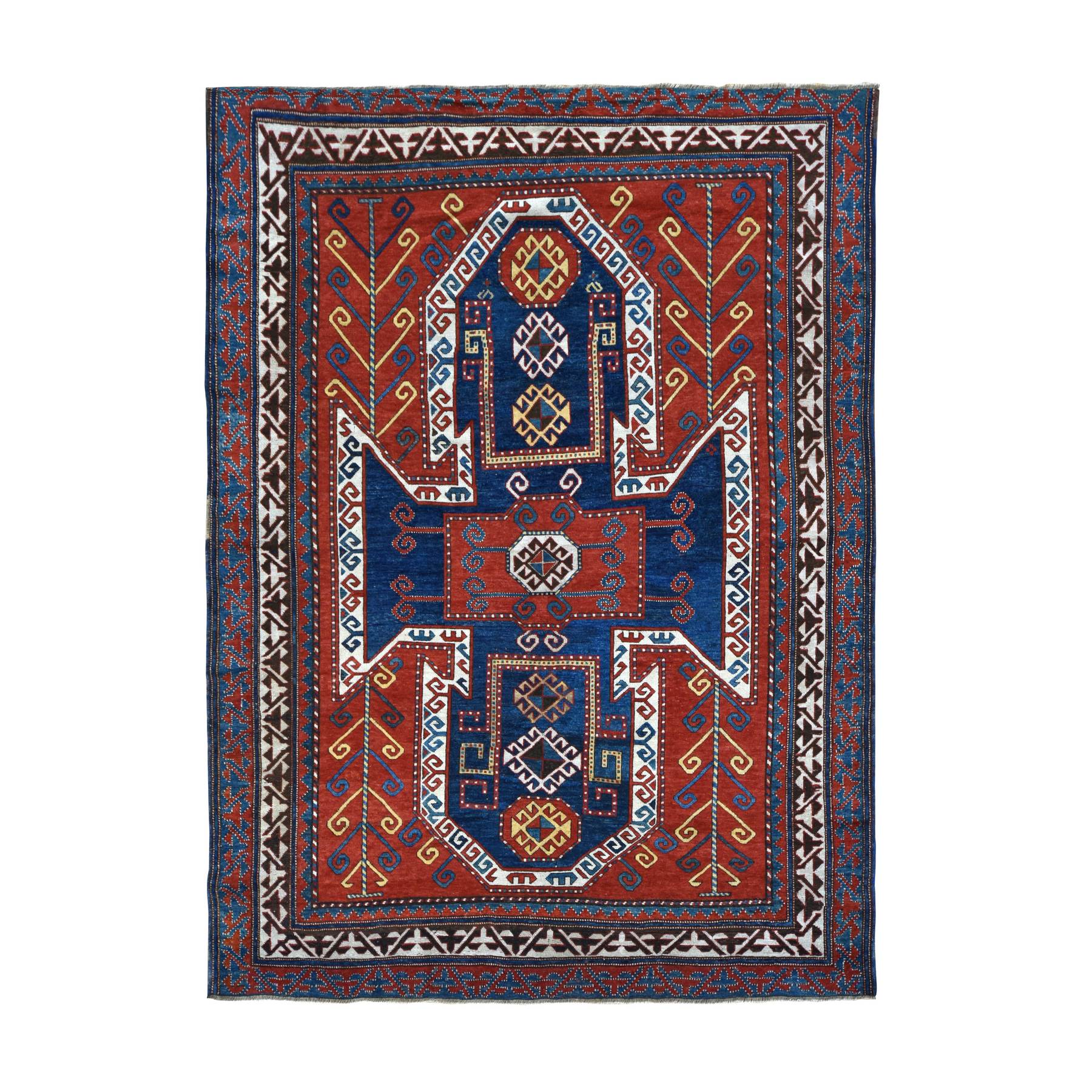 6'10"x9'3" Scarlet Red, Antique Caucasian Swan Kazak, Vegetable Dyes, Good Condition, No Repairs, Clean, Rare Large Size, 100% Wool, Hand knotted Oriental Rug HR78056
