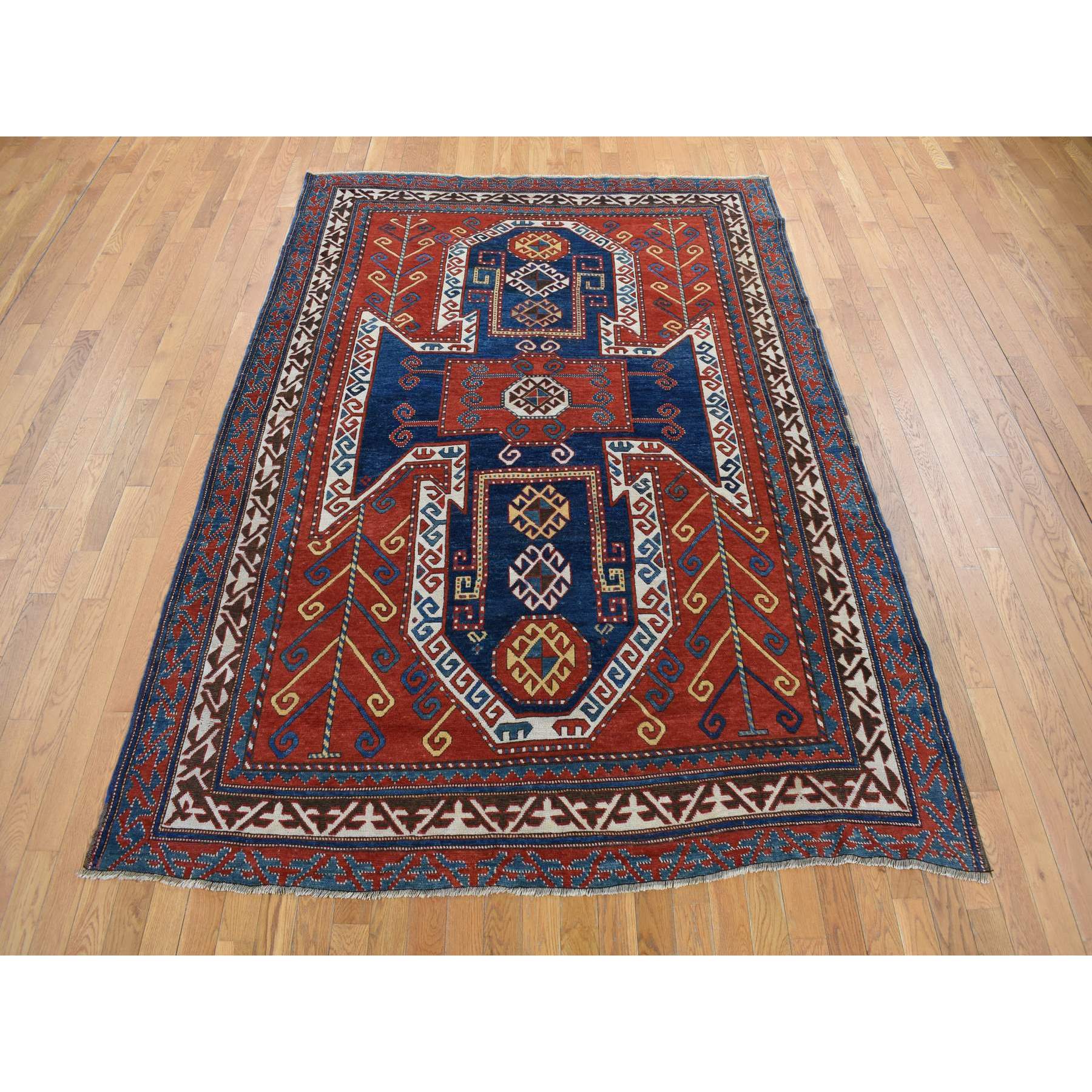 6'10"x9'3" Scarlet Red, Antique Caucasian Swan Kazak, Vegetable Dyes, Good Condition, No Repairs, Clean, Rare Large Size, 100% Wool, Hand knotted Oriental Rug HR78056 - Image 2