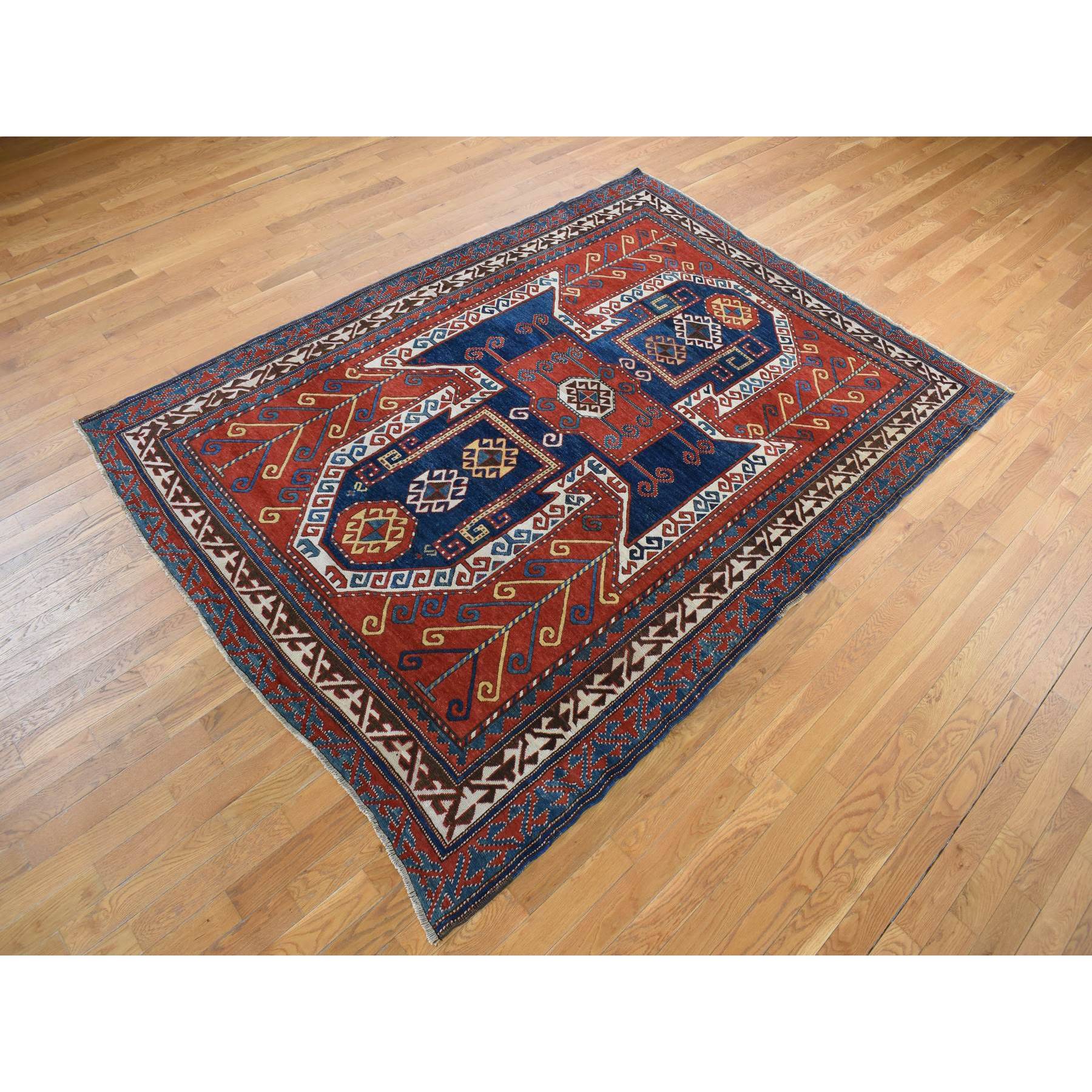 6'10"x9'3" Scarlet Red, Antique Caucasian Swan Kazak, Vegetable Dyes, Good Condition, No Repairs, Clean, Rare Large Size, 100% Wool, Hand knotted Oriental Rug HR78056 - Image 3