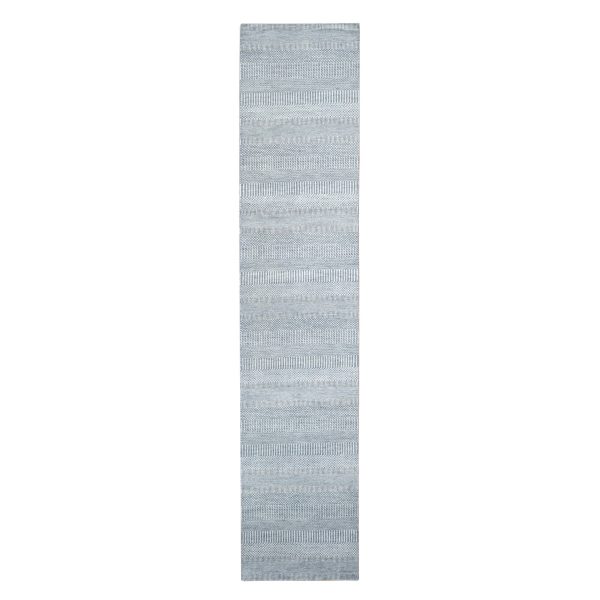 3'x11'10" Periwinkle Blue, Grass Design, Hand Knotted, Wool and Silk, Tone on Tone Modern, Runner Oriental Rug HR78067