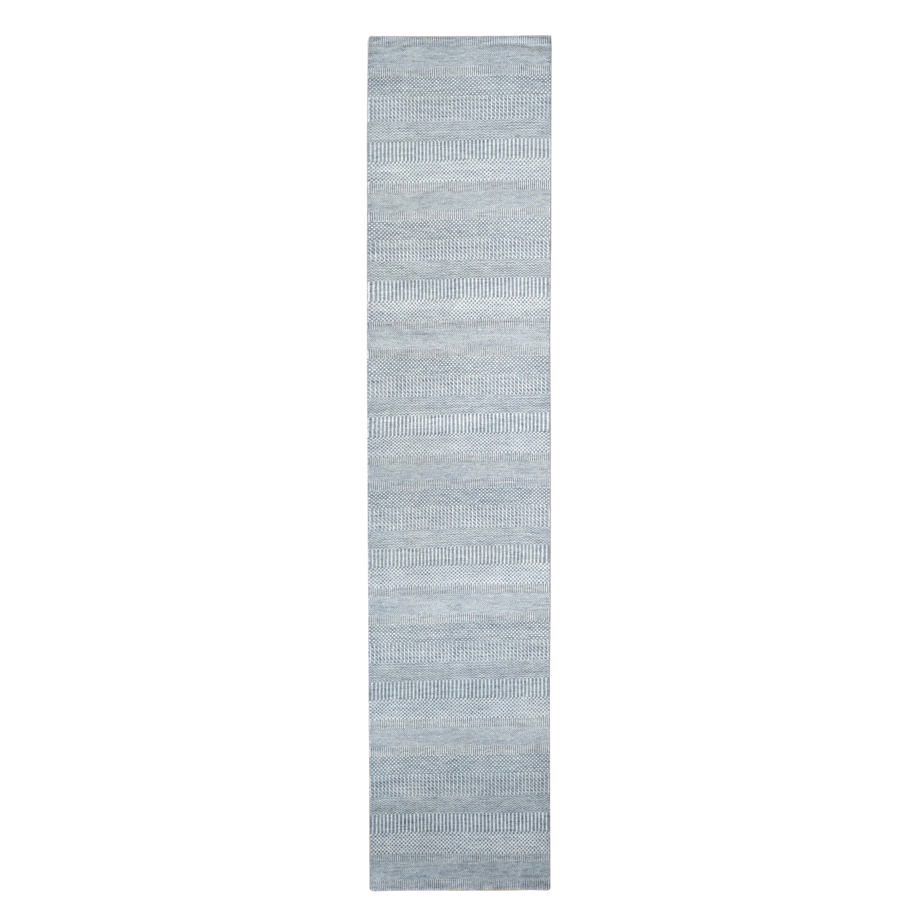 3'x11'10" Periwinkle Blue, Grass Design, Hand Knotted, Wool and Silk, Tone on Tone Modern, Runner Oriental Rug HR78067