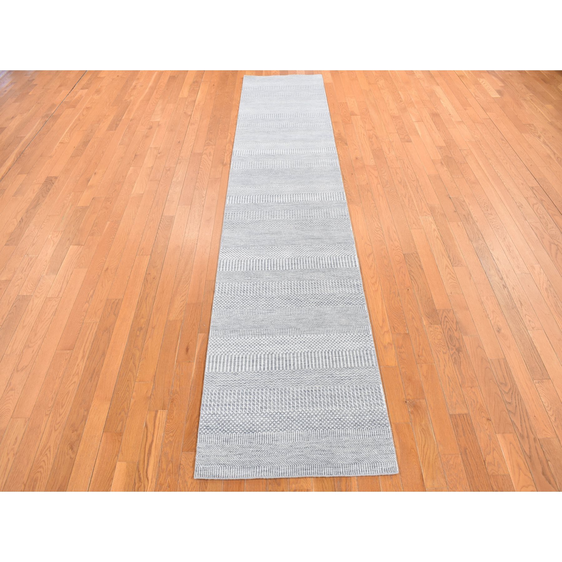 3'x11'10" Periwinkle Blue, Grass Design, Hand Knotted, Wool and Silk, Tone on Tone Modern, Runner Oriental Rug HR78067 - Image 2