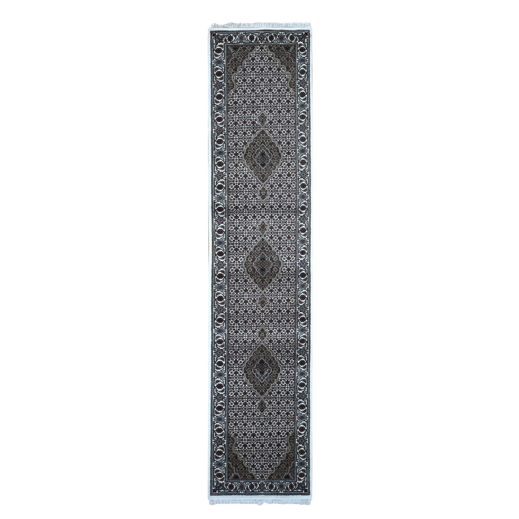 2'7"x11'10" Ivory, Wool and Silk, Tabriz Mahi Medallion Design, Hand Knotted, Runner Oriental Rug HR78068