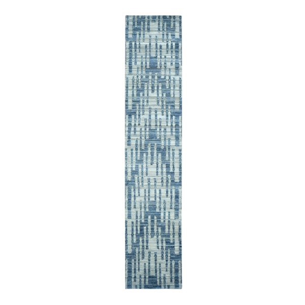 2'6x12'3" Air Force Blue, Pure Silk and Textured Wool, Zigzag with Graph Design, Hand Knotted, Runner Oriental Rug HR78096