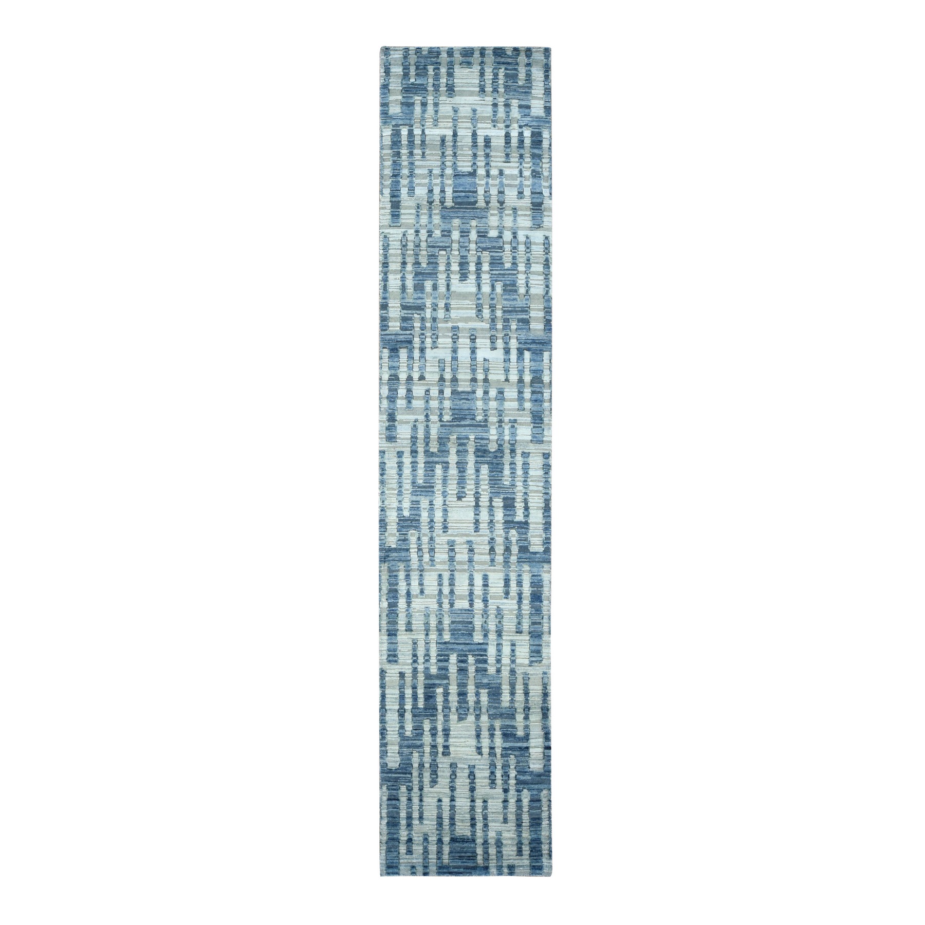 2'6x12'3" Air Force Blue, Pure Silk and Textured Wool, Zigzag with Graph Design, Hand Knotted, Runner Oriental Rug HR78096