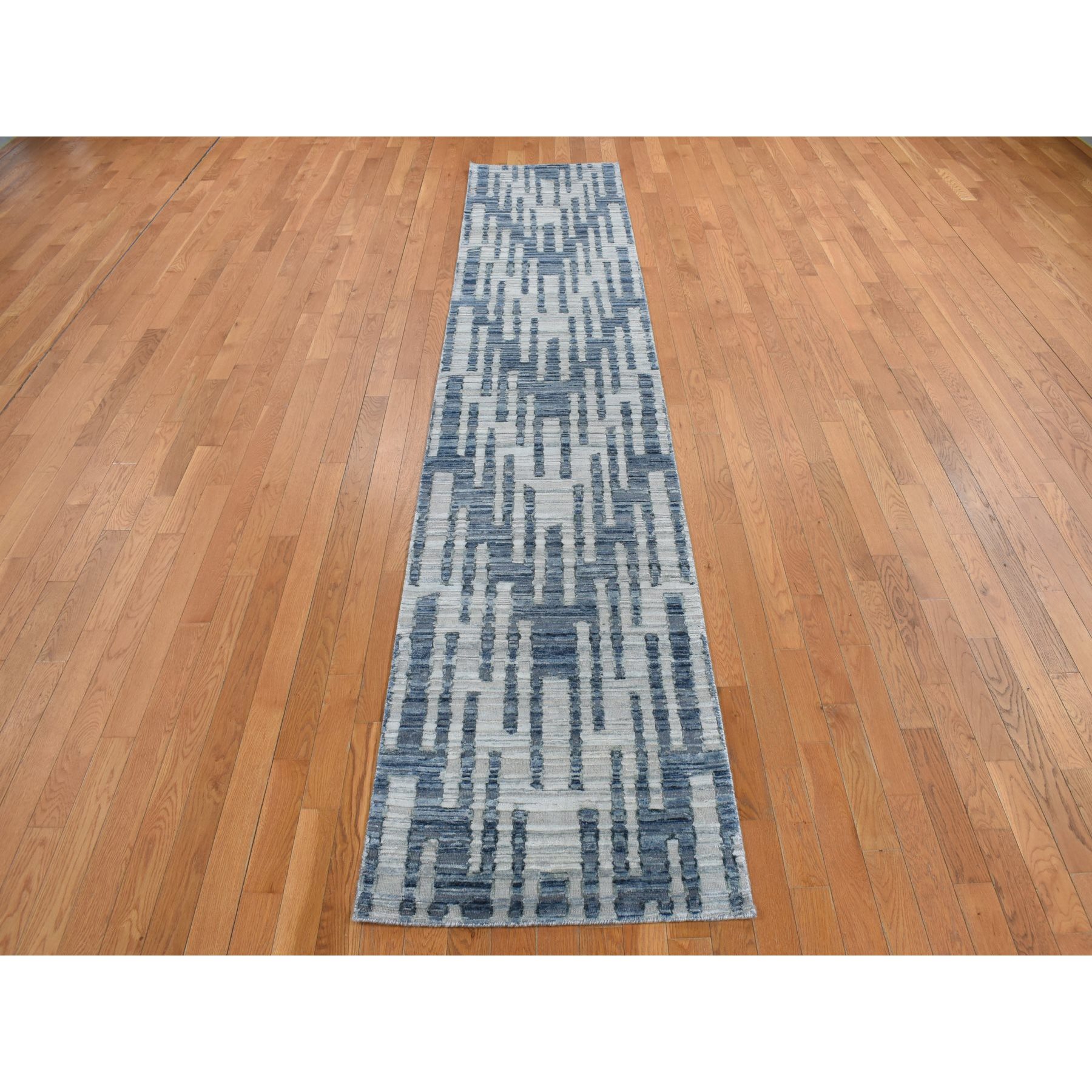 2'6x12'3" Air Force Blue, Pure Silk and Textured Wool, Zigzag with Graph Design, Hand Knotted, Runner Oriental Rug HR78096 - Image 2