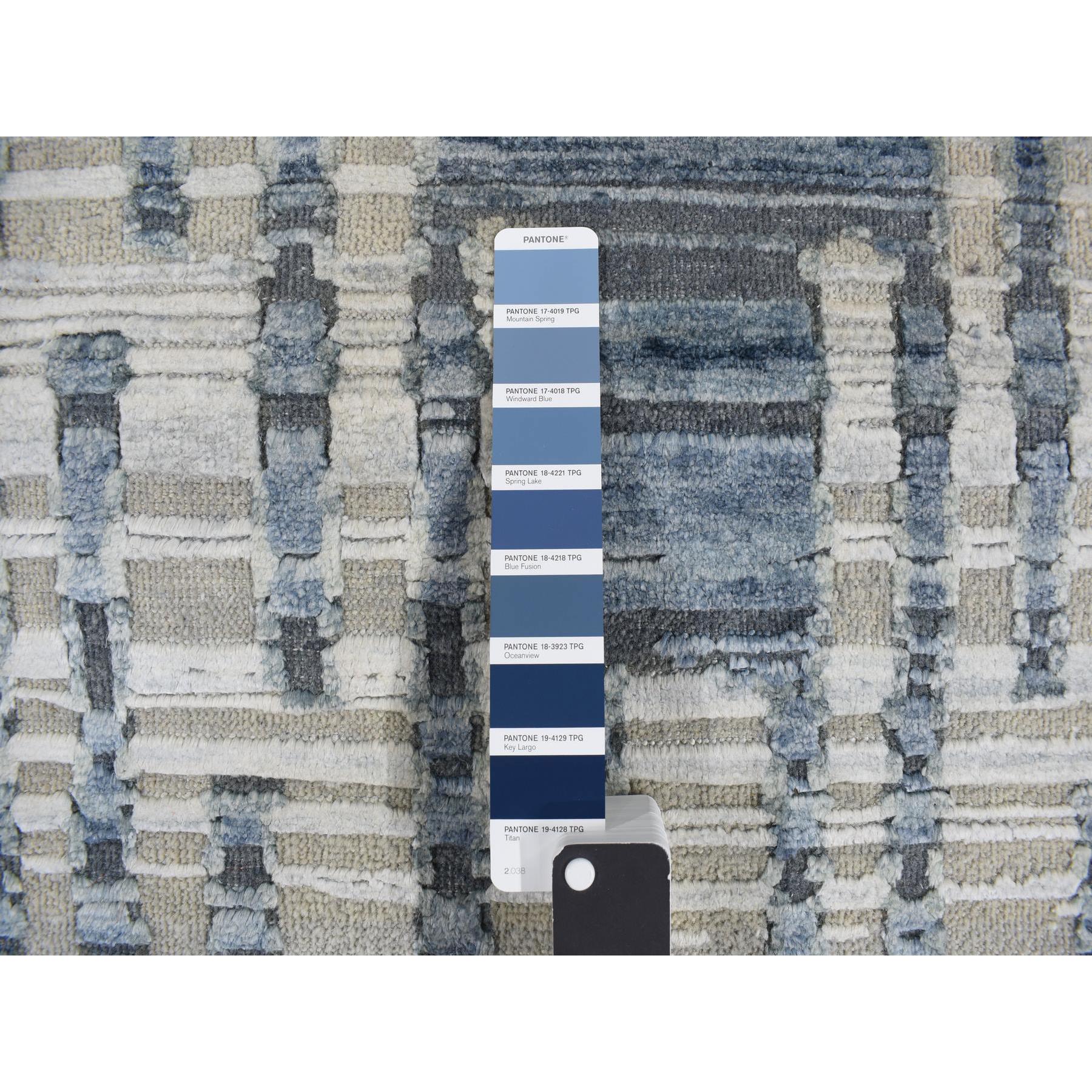 2'6x12'3" Air Force Blue, Pure Silk and Textured Wool, Zigzag with Graph Design, Hand Knotted, Runner Oriental Rug HR78096 - Image 5