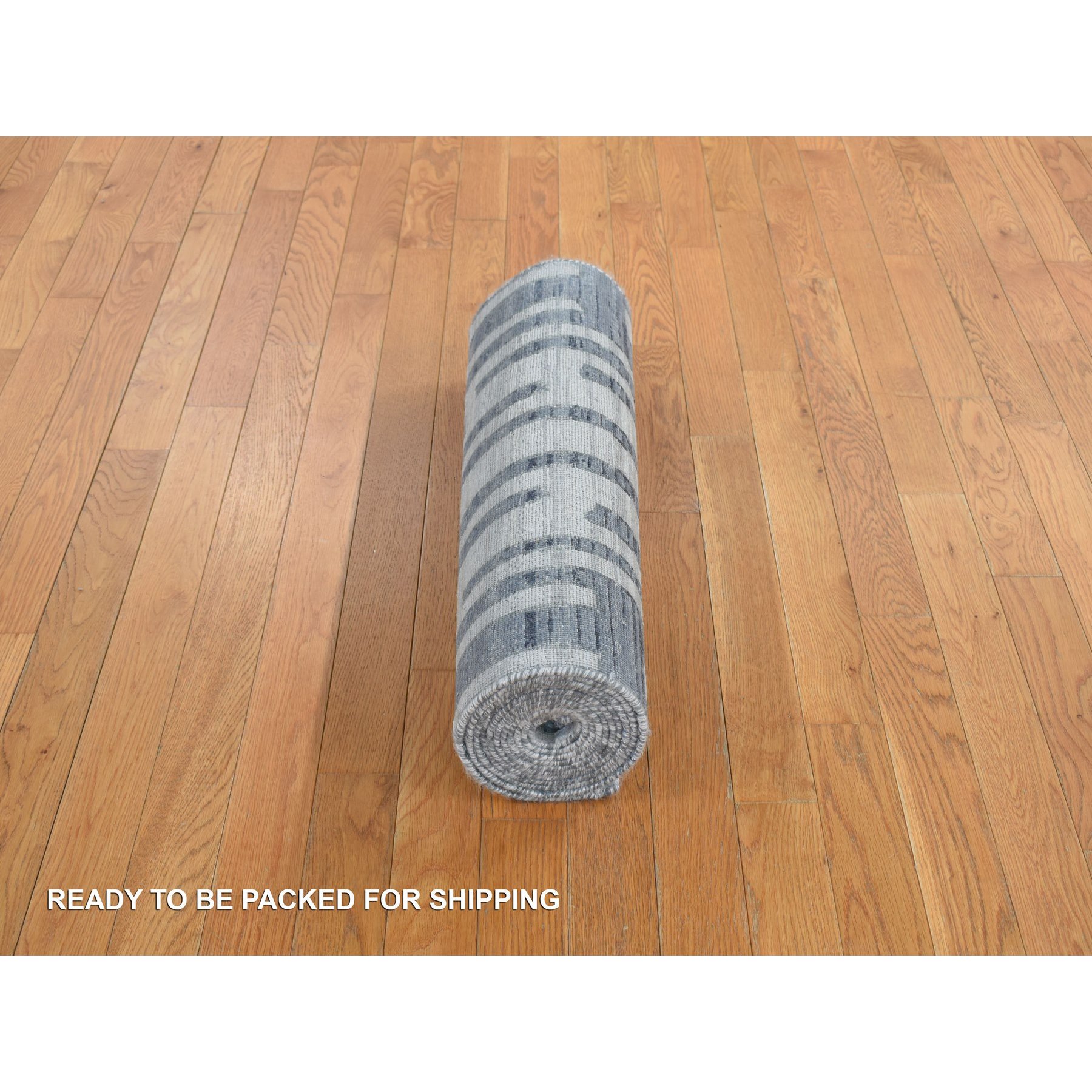 2'6x12'3" Air Force Blue, Pure Silk and Textured Wool, Zigzag with Graph Design, Hand Knotted, Runner Oriental Rug HR78096 - Image 6