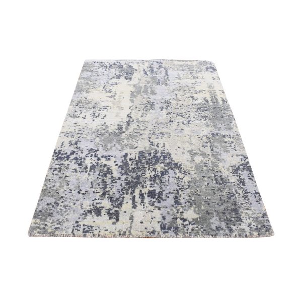 2'1"x3' Stone White, Abstract Design, Wool and Pure Silk, Denser Weave, Persian Knot, Hand Knotted, Mat Oriental Rug HR78102