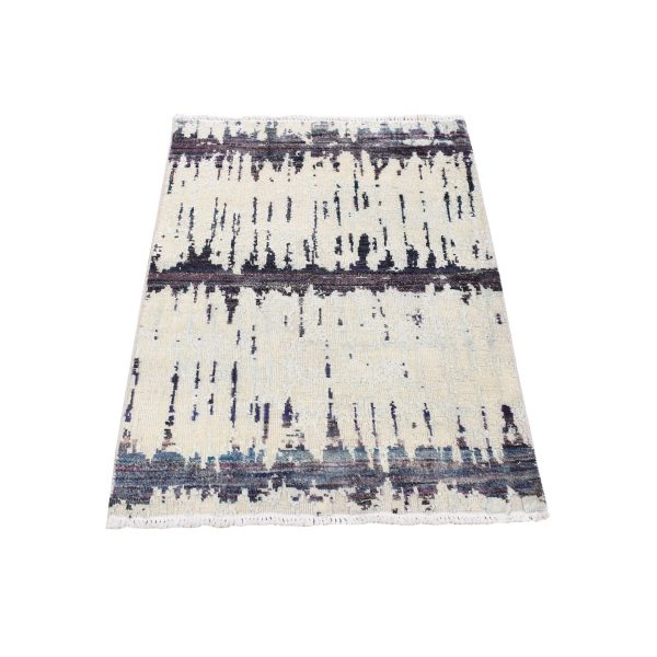 2'x3'2" Gainsboro Gray, Modern Strike Off, Hand Knotted, Textured Wool and Sari Silk, Sample Mat Oriental Rug HR78104