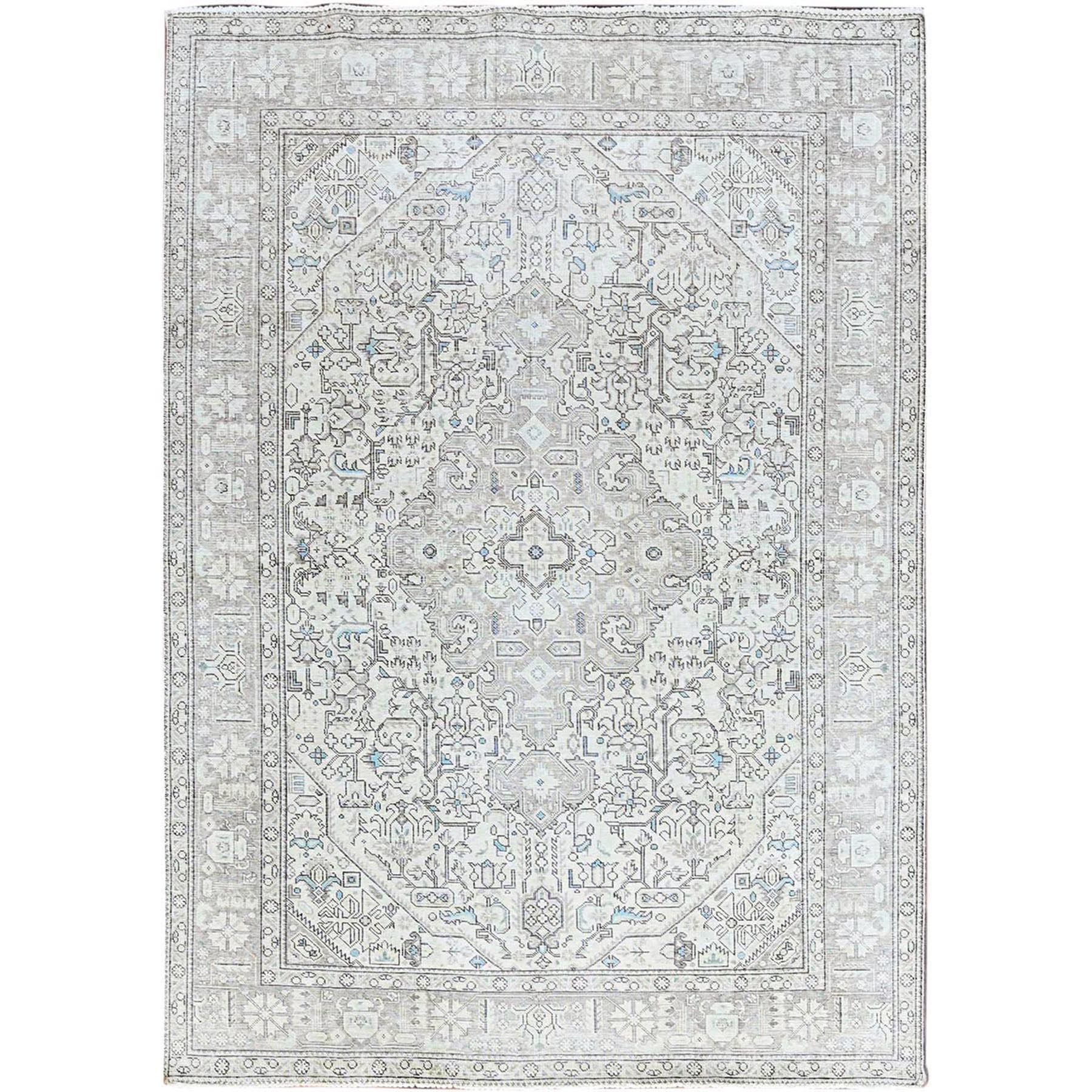 6'5"x9'1" Chantilly Lace White, Good Condition, Cropped Thin, Sheared Low, Vintage Persian Tabriz Geometric Medallion, Even Wear, Sides and Ends Professionally Secured and Cleaned, Distressed Extra Soft Wool Oriental Rug HR86095