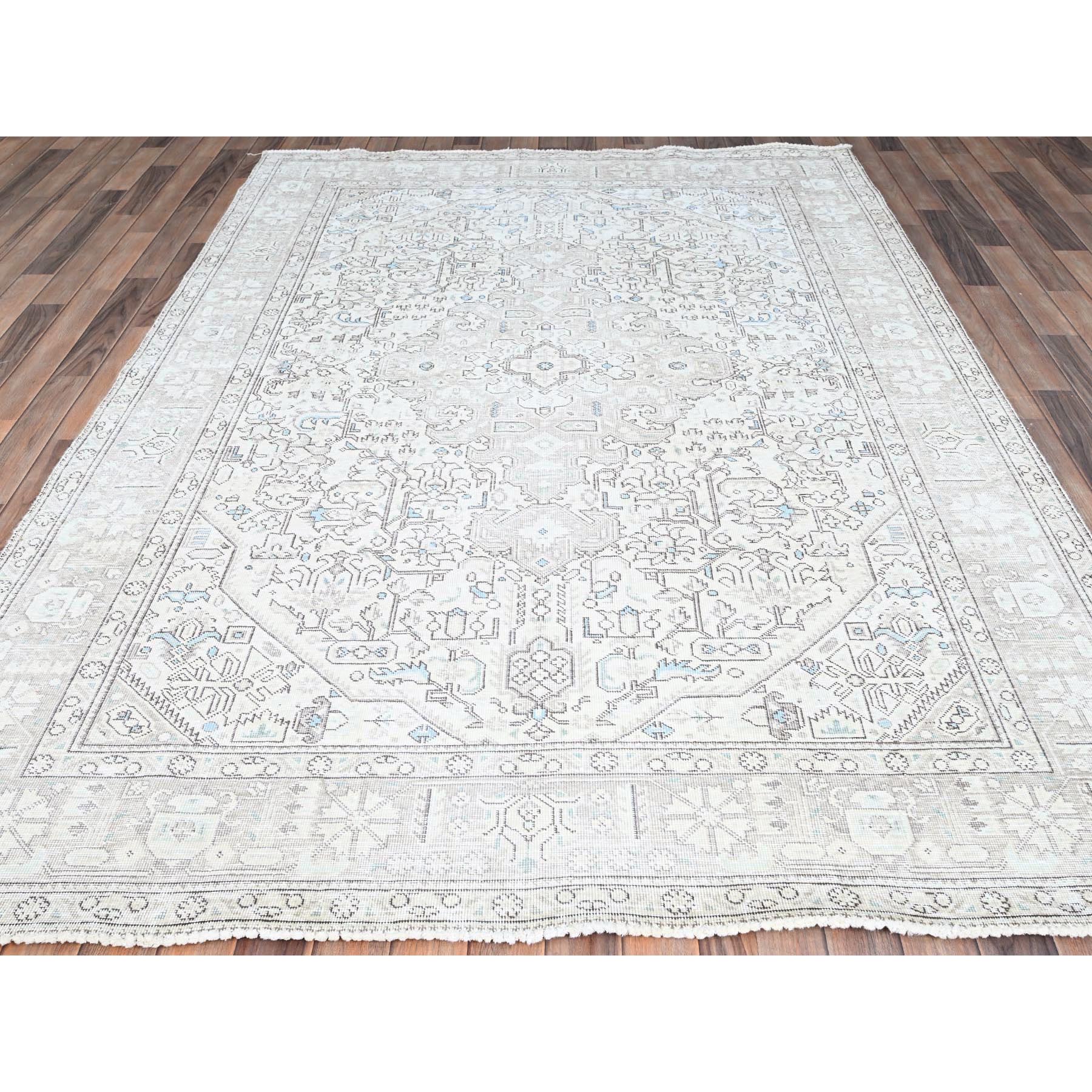 6'5"x9'1" Chantilly Lace White, Good Condition, Cropped Thin, Sheared Low, Vintage Persian Tabriz Geometric Medallion, Even Wear, Sides and Ends Professionally Secured and Cleaned, Distressed Extra Soft Wool Oriental Rug HR86095 - Image 3