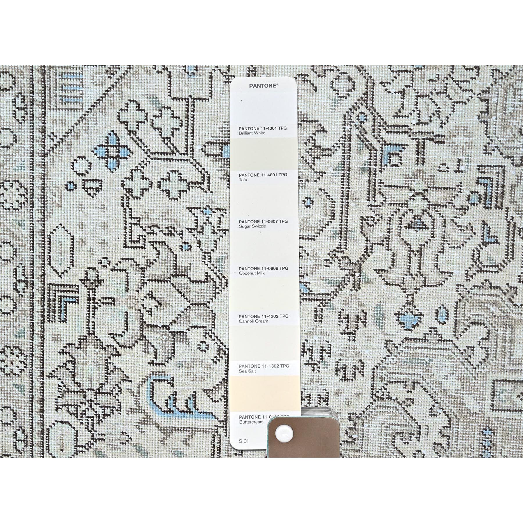 6'5"x9'1" Chantilly Lace White, Good Condition, Cropped Thin, Sheared Low, Vintage Persian Tabriz Geometric Medallion, Even Wear, Sides and Ends Professionally Secured and Cleaned, Distressed Extra Soft Wool Oriental Rug HR86095 - Image 8