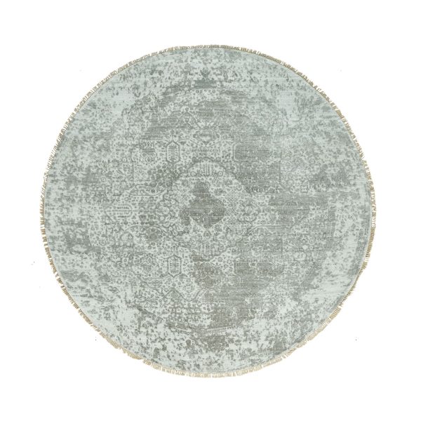 7'10"x7'10" Trout Gray, Persian Design, Soft to Touch, Denser Weave, Hand Knotted, Broken Wool and Silk, Round Oriental Rug HR90447