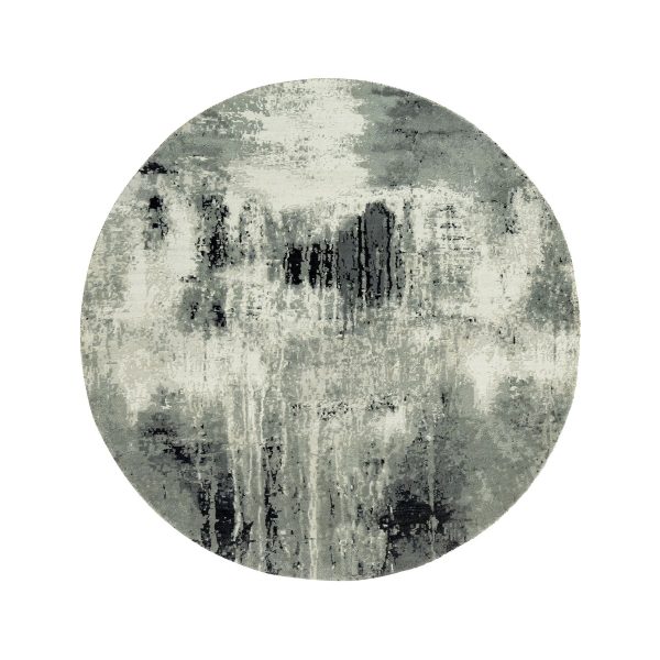 6'x6' Midnight Black with Vivid White, Wool and Silk, Hand Knotted, Soft to Touch, Abstract Design, Round Oriental Rug HR90453