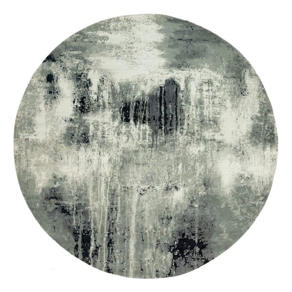 8'x8' Ebony Black with Shades of Retro White, Abstract Design, Wool and Silk, Hand Knotted, Soft to Touch, Round Oriental Rug HR90454