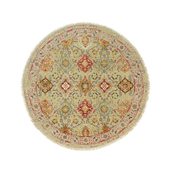6'x6' Sandcastle Beige, The Sunset Rosettes with Soft Colors, Wool and Silk, Hand Knotted, Round Oriental Rug HR90464