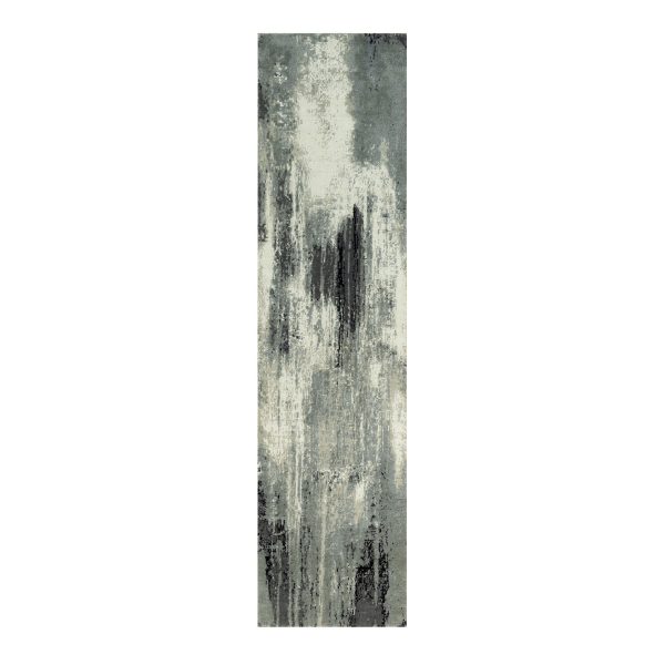 2'6"x10' Pitch Black with Delicate White, Soft to Touch Abstract Design, Wool and Silk, Hand Knotted, Runner Oriental Rug HR90465