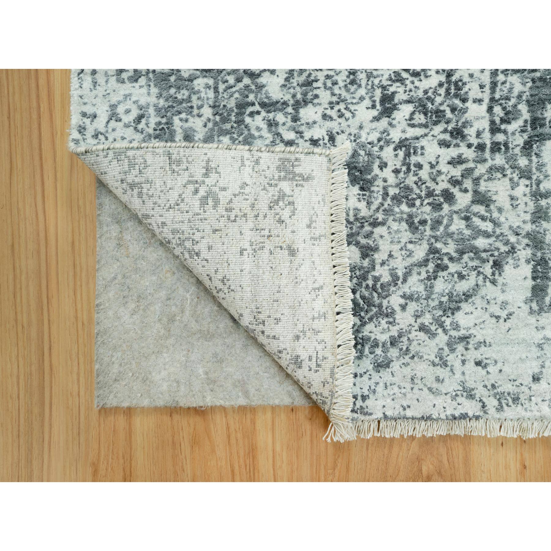 2'6"x15'8" Paloma With Sea Serpent Gray, Wool and Silk, Broken Persian Erased Design, XL Runner Hand Knotted Oriental Rug HR90472 - Image 3