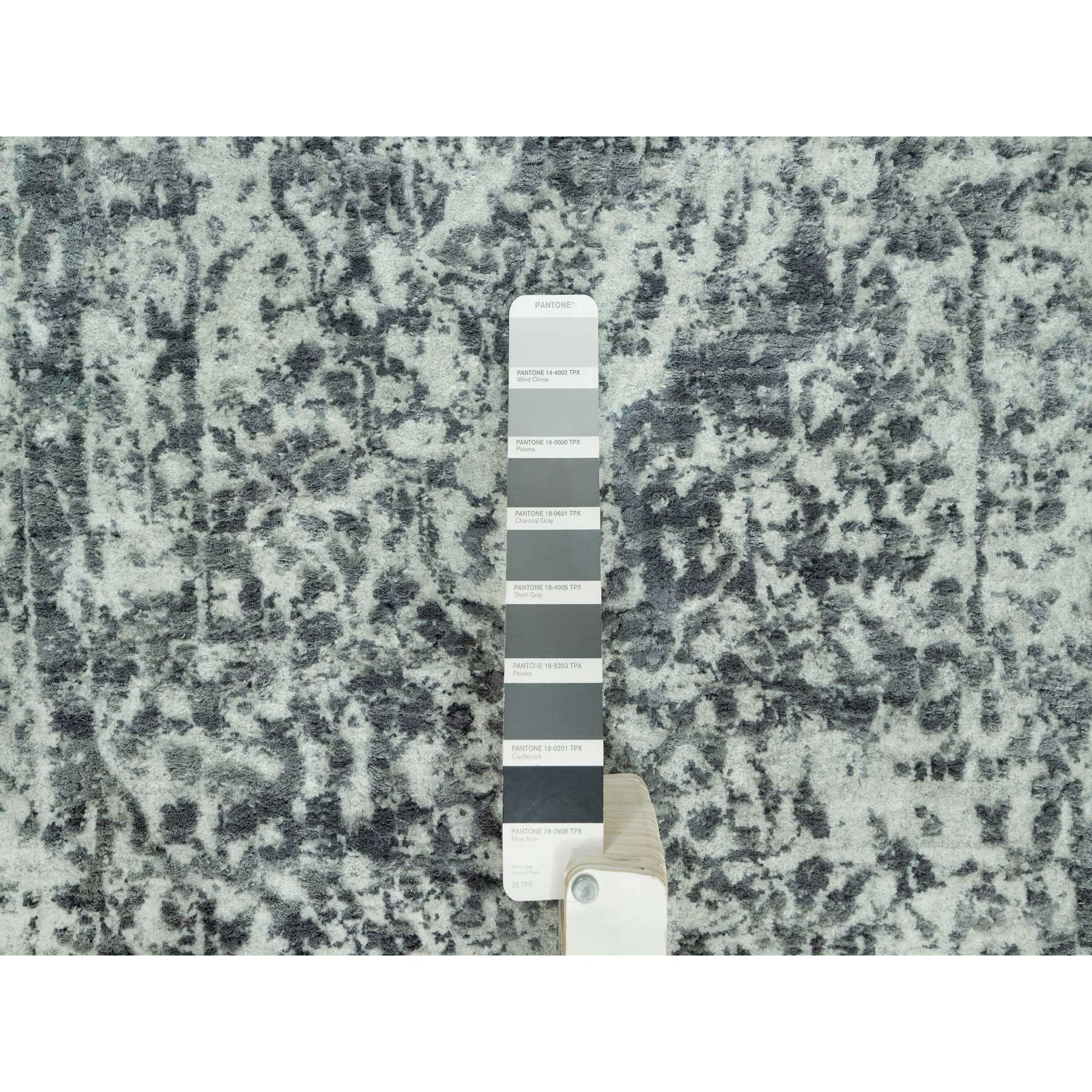 2'6"x15'8" Paloma With Sea Serpent Gray, Wool and Silk, Broken Persian Erased Design, XL Runner Hand Knotted Oriental Rug HR90472 - Image 4